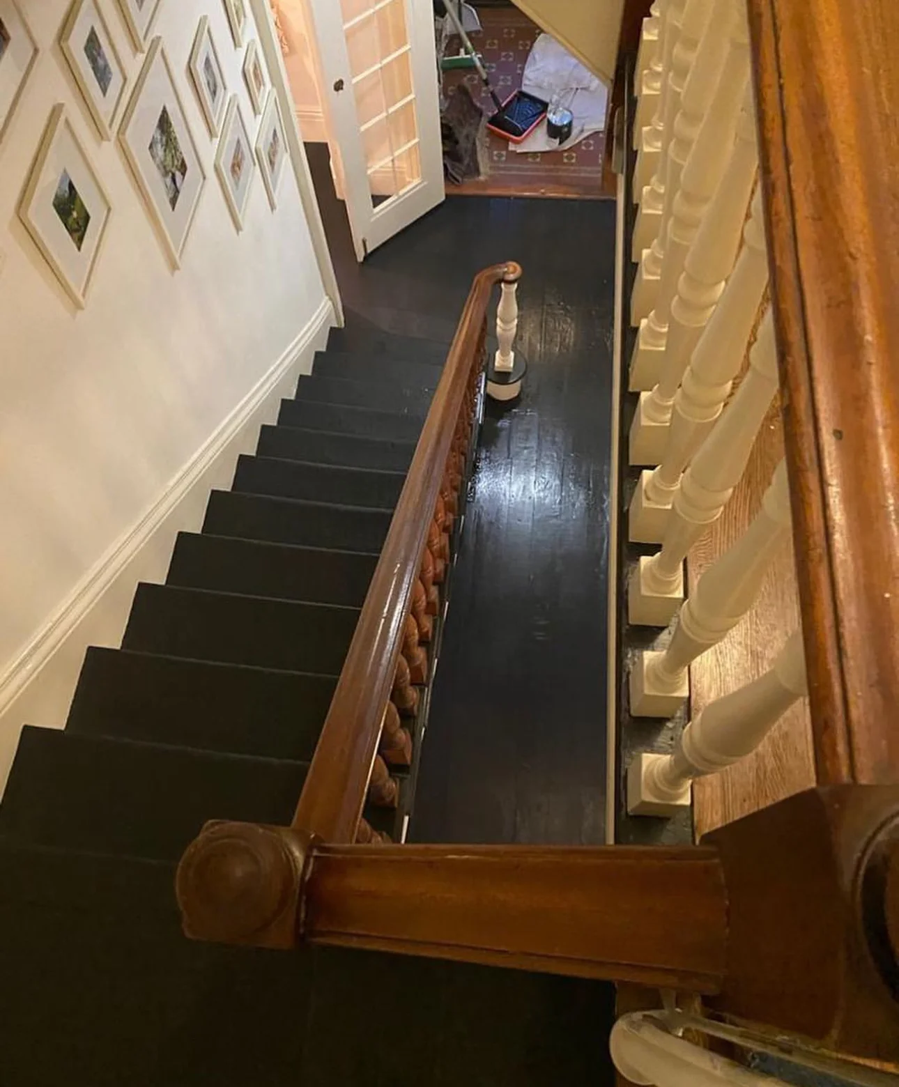 Interior staircase with freshly painted steps and trim
